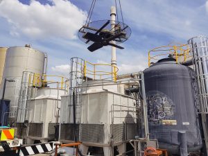 Installation of drive components within a cooling tower.